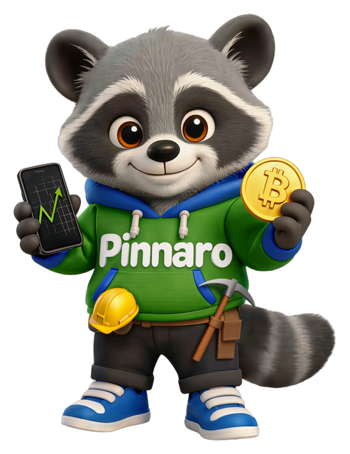 Pinnaro raccoon mascot holding a phone and a coin
