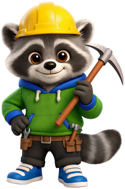 Pinnaro raccoon in a hard hat holding a pickaxe
